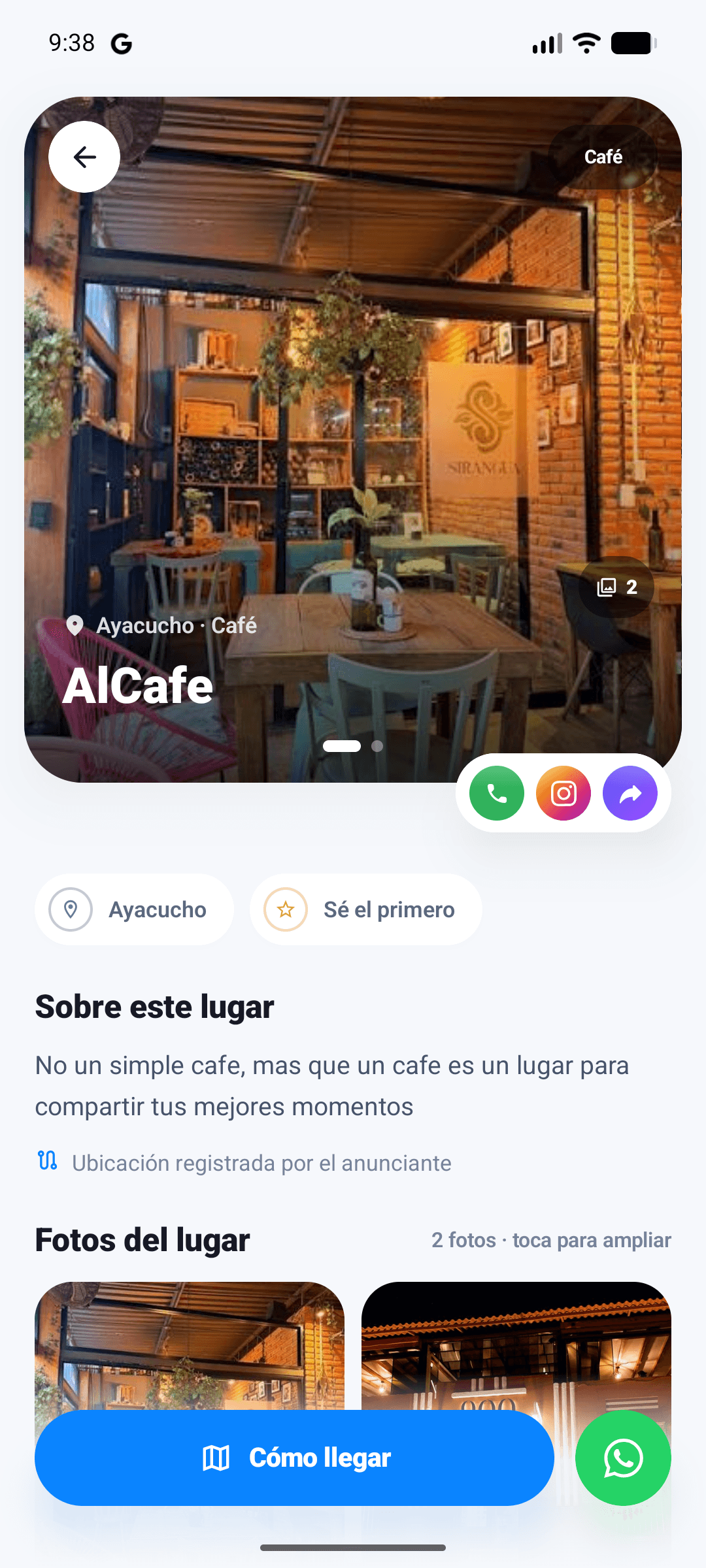 Detalle de AlCafe en SubeYA, con fotos, contacto y cómo llegar.
